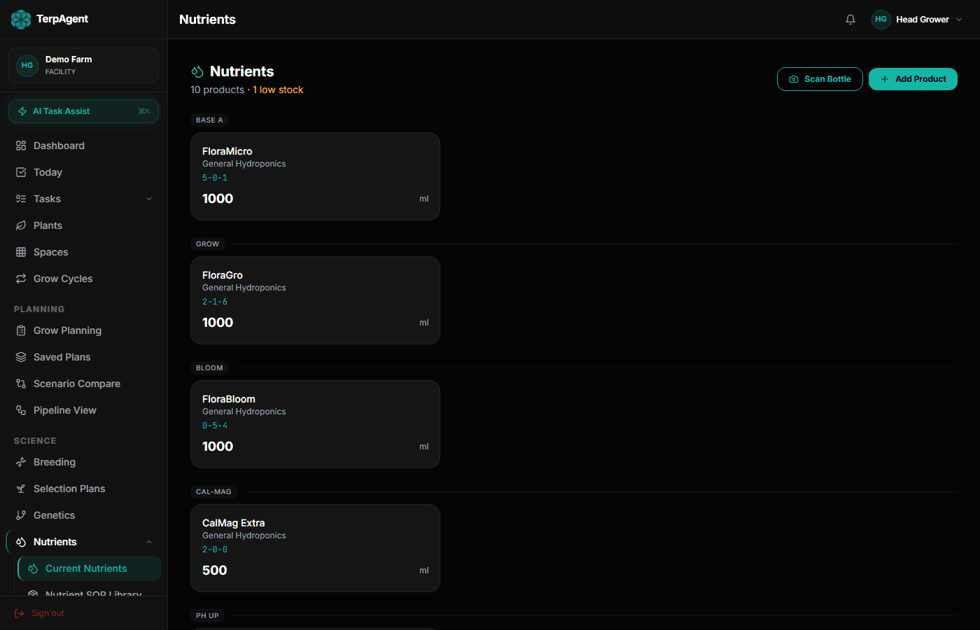 Nutrient library showing FloraMicro, FloraGro, FloraBloom with inventory levels and Scan Bottle button