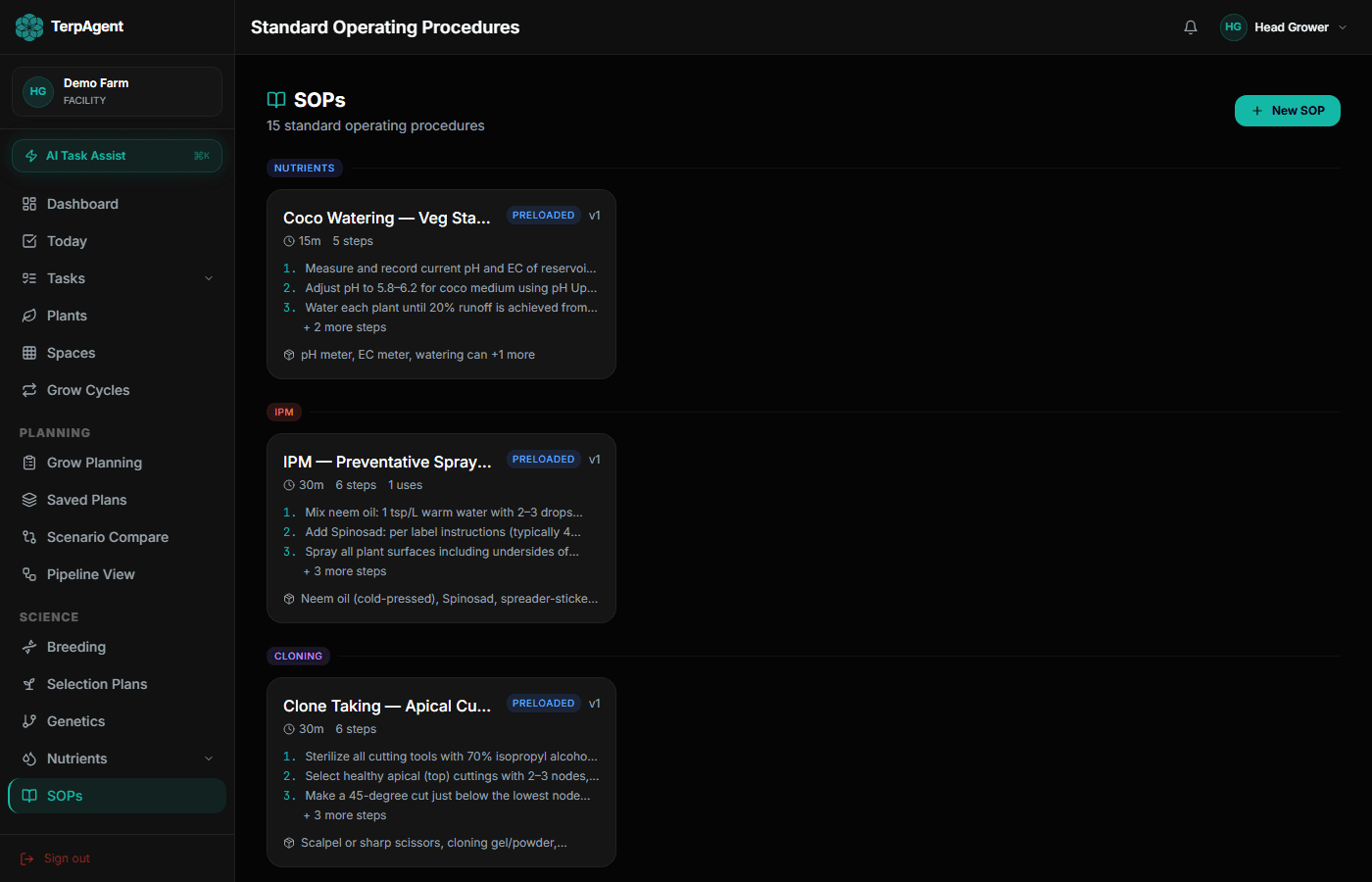 SOP library showing Coco Watering, IPM Spray, and Clone Taking procedures with steps and materials